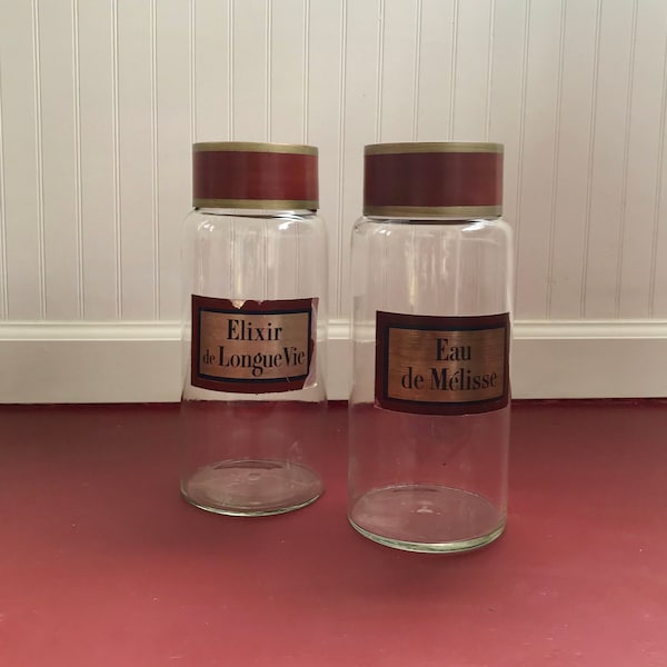 Vintage Glass Apothecary Jars. French Vanity Containers with Metal Tops. Bedroom, Bath Bottles. Carafes. Decanters.