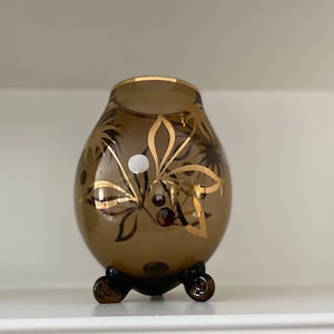 Vintage Vase in Bronze-Colored Crystal with Gold and Silver Decoration. Stunning Centerpiece. Possibly Czech. Modern Art Piece.  Gift.