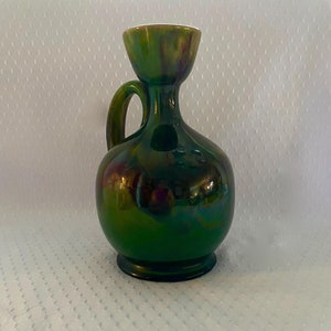 Vintage Art Pottery Jug. MCM Green and Brown Glazed Vase with Handle. Modern Carafe, Water Pitcher, Vessel, Wine Decanter. Decorative.