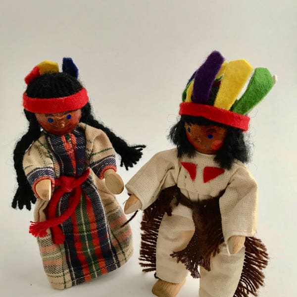 Vintage Indian Dolls. Cloth and Wood. Two Native American Figures. Children's  Gift. Toys in Traditional Colorful Costume. Folk Art.