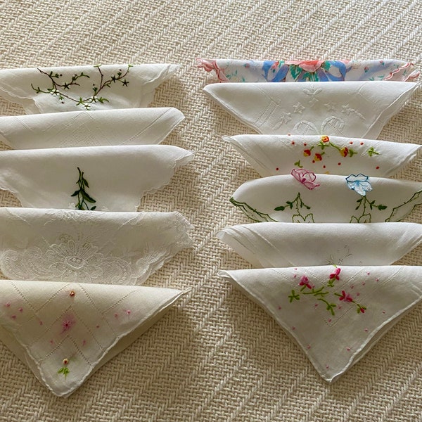 Vintage Ladies' Handkerchiefs. White Hankies with Flowers, Embroidery, Lace, and Trim. Feminine Accessory.