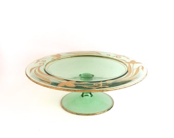 Vintage Green Depression Glass Candy Dish. Vaseline Glass Serving Tray. Compote, Pedestal Bowl.