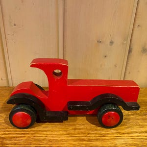 Vintage Toy Truck. Wood Folk Art Vehicle. Handmade, Primitive Red Painted Automotive Collectible. Girls&#39; and Boys&#39; Toys. Birthday Gift.