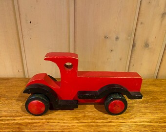 Vintage Toy Truck. Wood Folk Art Vehicle. Handmade, Primitive Red Painted Automotive Collectible. Girls' and Boys' Toys. Birthday Gift.