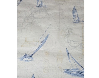 May include: A wallpaper featuring a nautical theme with blue sailboats and white sails scattered across a light beige background. The design includes faint, tan-colored line drawings of maritime maps, compass roses, and lighthouses.