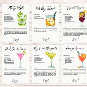 Może przedstawiać: Sześć kart z przepisami na koktajle z akwarelowymi ilustracjami. Przepisy obejmują Minty Mojito, Whiskey Island, Tropical Sangria, Pink Sands Cosmo, Key Lime Margarita i Orange Sunrise. Każda karta zawiera składniki, instrukcje i obraz gotowego napoju.