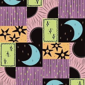 May include: A repeating pattern featuring rectangular blocks with celestial motifs. The design includes light blue crescent moons on black, black suns with pink rays, yellow squares with black stars, purple stripes with green dots, and green rectangles with stars.