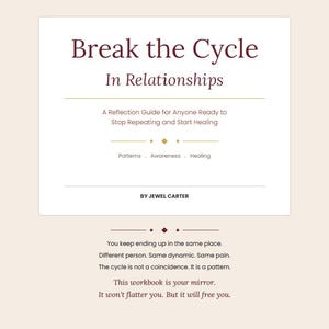 Op de afbeelding: Een beige werkboekomslag met de titel Break the Cycle In Relationships, A Reflection Guide for Anyone Ready to Stop Repeating and Start Healing. Het bevat de tekst Patterns, Awareness, Healing, door Jewel Carter.