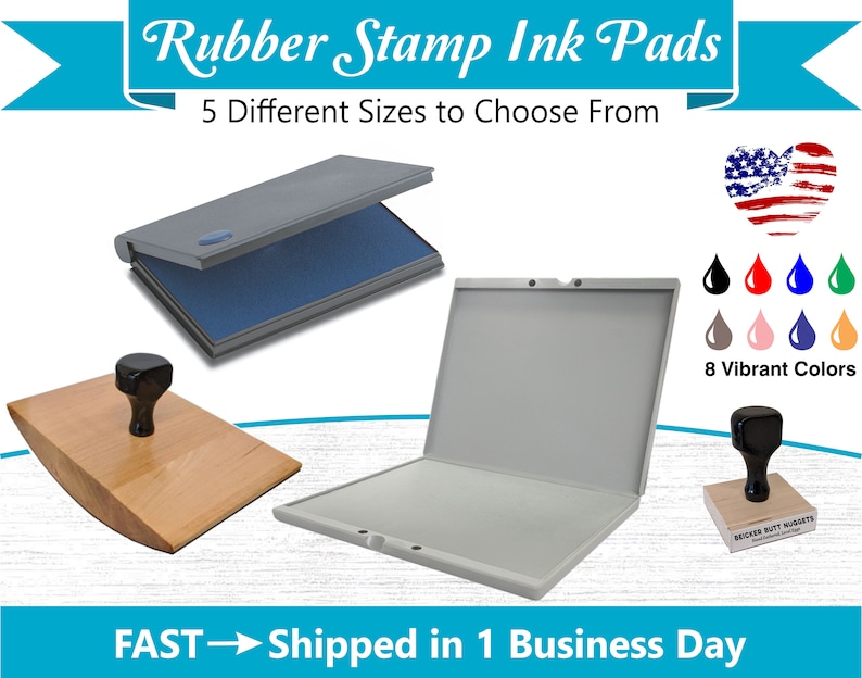 May include: A set of five different sized rubber stamp ink pads in gray with blue ink. The ink pads are open and show the ink surface. The ink pads are on a white background. The image also shows a wooden stamp with a black handle and a black rubber stamp with a wooden handle. The image includes the text "Rubber Stamp Ink Pads", "5 Different Sizes to Choose From", "8 Vibrant Colors", and "FAST - Shipped in 1 Business Day".