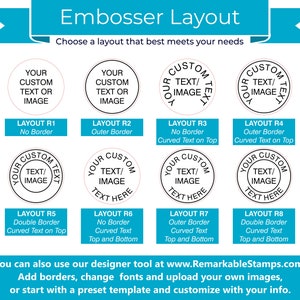 Pu&ograve; includere: Immagine che mostra otto layout di goffratura. Ogni layout presenta un design circolare per testo o immagini personalizzate. I layout variano negli stili dei bordi e nel posizionamento del testo, con opzioni di testo curvo.