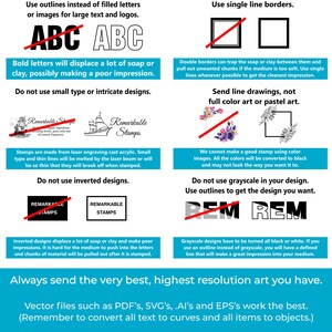 K&ouml;nnte beinhalten: Tipps zum Erstellen eines Designs f&uuml;r Seifen- oder T&ouml;pferstempel. Das Bild zeigt Beispiele f&uuml;r gute und schlechte Designentscheidungen, darunter die Verwendung von Umrissen anstelle von gef&uuml;llten Buchstaben, einzeiligen R&auml;ndern und die Vermeidung von umgekehrten Designs. Es wird auch empfohlen, Vektor-Dateien wie PDF, SVG, .Al und EPS zu verwenden und allen Text in Kurven und alle Elemente in Objekte zu konvertieren. Das Bild empfiehlt au&szlig;erdem, hochaufl&ouml;sende Grafiken zu senden, mindestens 300 ppi und 10 Zoll gro&szlig;.