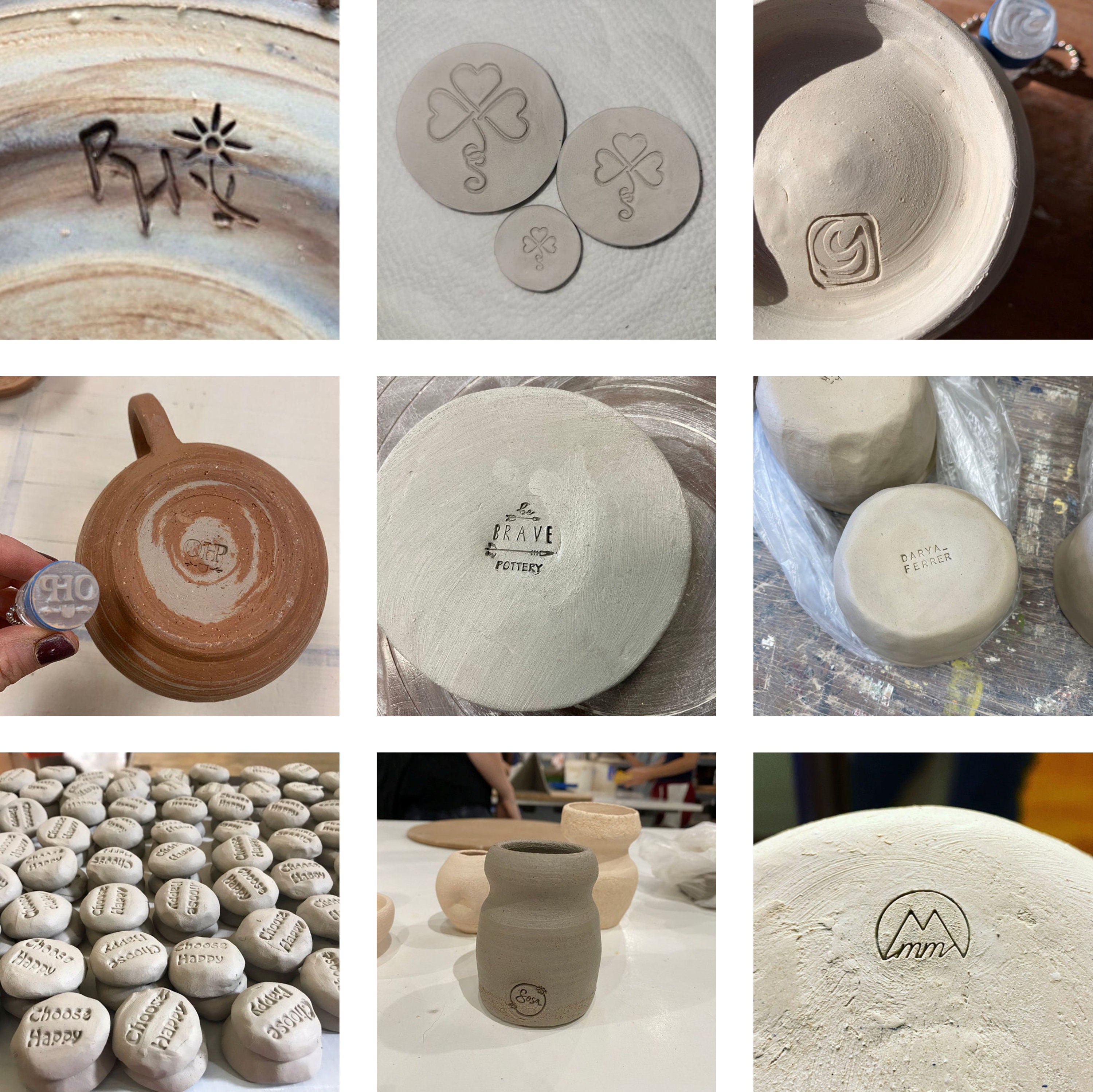 Examples of stamps for clay, marker's marks, chop for ceramic art.