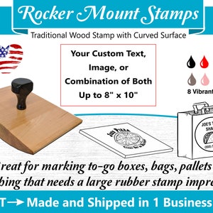 May include: A wooden rocker mount stamp with a black handle. The stamp is designed to create custom text, images, or a combination of both. The stamp can be up to 8 inches by 10 inches. The image shows examples of the stamp being used on a pizza box, a to-go bag, and a pallet. The stamp is available in 8 vibrant colors.