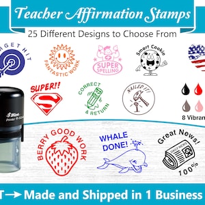 May include: Teacher affirmation stamps with 25 designs, including a target, smiley face, and strawberry. The image shows a black stamp with a clear base, and a color palette of 8 vibrant colors. Text reads "Teacher Affirmation Stamps".