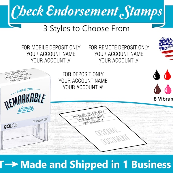 Printer 30 Endorsement Stamp - For Deposit Only - Mobile Deposit Stamp - Remote Deposit Stamp - Custom Self-inking