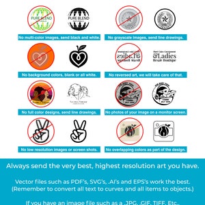 Pu&ograve; includere: Un grafico turchese con il testo "Art Guidelines" e istruzioni per l'invio di opere d'arte. Include esempi di invii di opere d'arte accettabili e inaccettabili, come nessuna immagine multicolore, nessuna immagine in scala di grigi e nessuna immagine a bassa risoluzione.