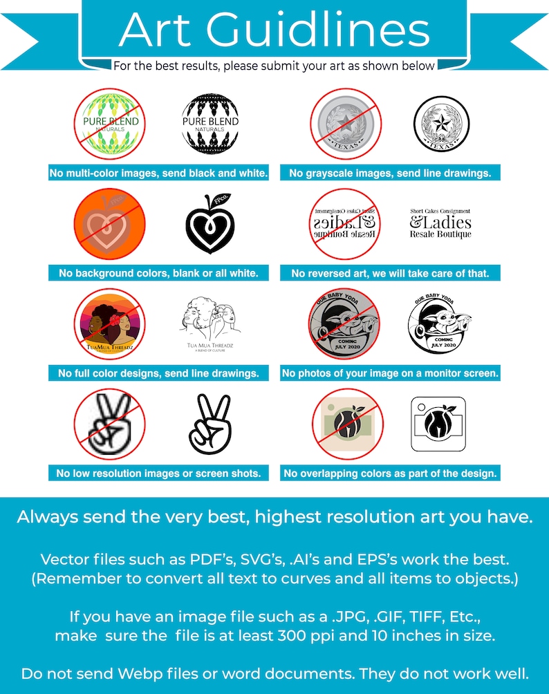 Pu&ograve; includere: Un grafico turchese con il testo "Art Guidelines" e istruzioni per l'invio di opere d'arte. Include esempi di invii di opere d'arte accettabili e inaccettabili, come nessuna immagine multicolore, nessuna immagine in scala di grigi e nessuna immagine a bassa risoluzione.