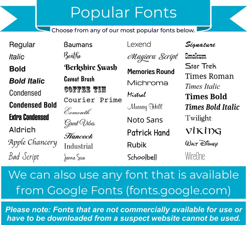 K&ouml;nnte beinhalten: Eine Tabelle listet beliebte Schriftarten f&uuml;r den Einsatz in Designprojekten auf. Die Tabelle enth&auml;lt Schriftarten wie Regular, Italic, Bold, Condensed und mehr. Der Text am unteren Rand der Tabelle lautet "Wir k&ouml;nnen auch jede Schriftart verwenden, die auf Google Fonts (fonts.google.com) verf&uuml;gbar ist. Bitte beachten Sie: Schriftarten, die nicht kommerziell verf&uuml;gbar sind oder von einer verd&auml;chtigen Website heruntergeladen werden m&uuml;ssen, k&ouml;nnen nicht verwendet werden."