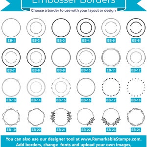 Pu&ograve; includere: Grafica che mostra 24 diversi design di bordi per goffratura. I design sono circolari, con variazioni tra cui linee continue, tratteggiate e motivi floreali. Ogni design &egrave; etichettato con un codice univoco, come EB-1, EB-2, ecc.