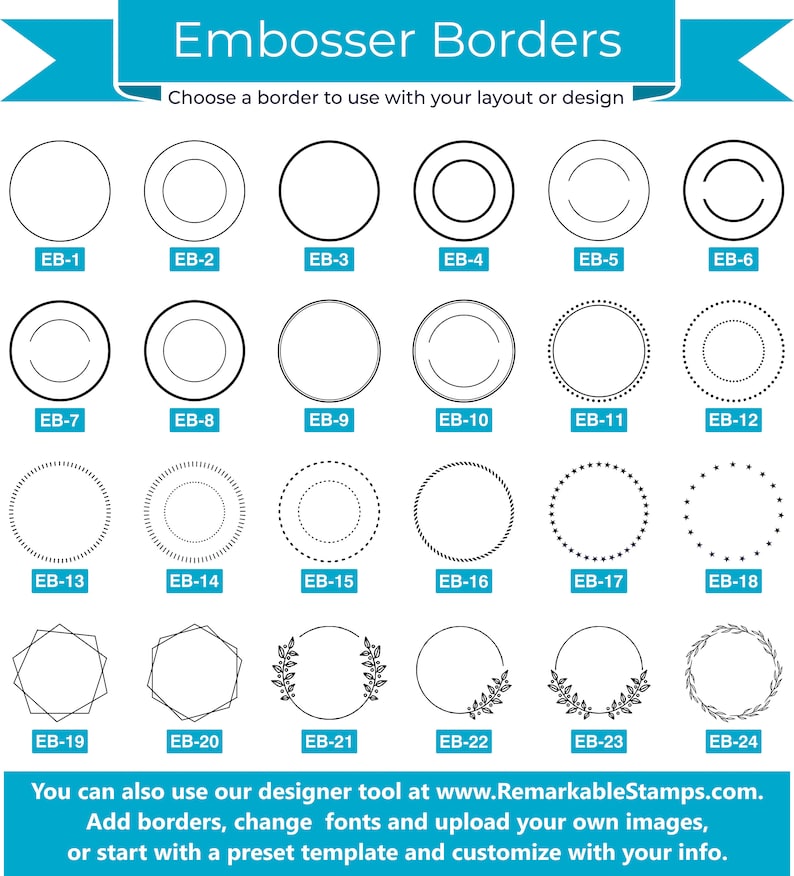 Pu&ograve; includere: Grafica che mostra 24 diversi design di bordi per goffratura. I design sono circolari, con variazioni tra cui linee continue, tratteggiate e motivi floreali. Ogni design &egrave; etichettato con un codice univoco, come EB-1, EB-2, ecc.