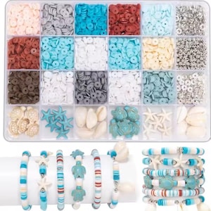 May include: A clear plastic storage container filled with twenty compartments of colorful flat round clay beads, silver spacer beads, and sea-themed charms including turtles, starfish, and shells, alongside six finished beaded bracelets.