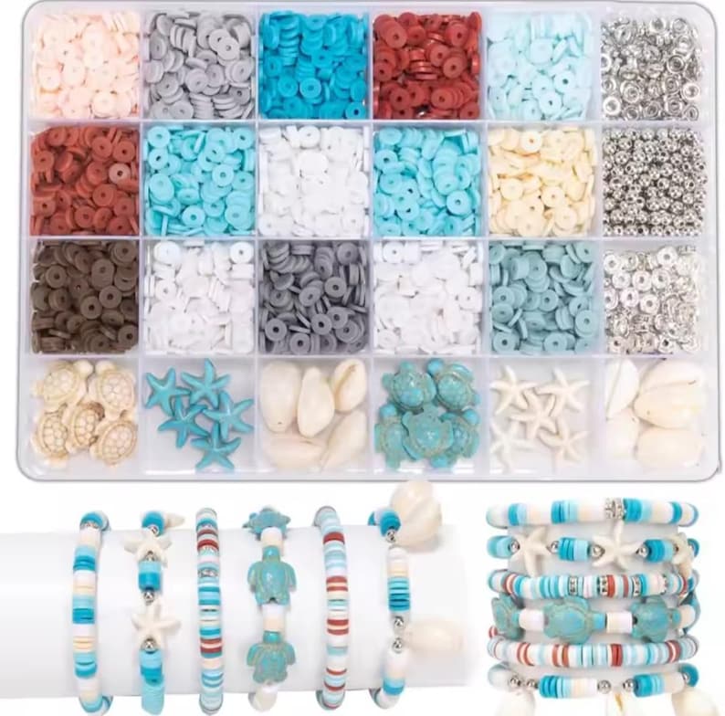 May include: A clear plastic storage container filled with twenty compartments of colorful flat round clay beads, silver spacer beads, and sea-themed charms including turtles, starfish, and shells, alongside six finished beaded bracelets.