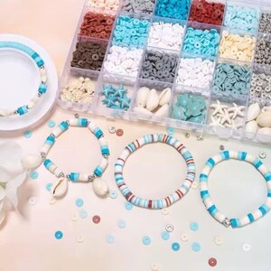 May include: A clear plastic organizer box filled with assorted colorful clay disc beads, small white seashell charms, and starfish shapes, accompanied by four finished bracelets featuring blue, white, and brown disc beads and shell accents.