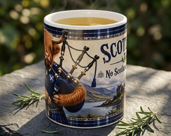 Highland Cow Bagpiper Mug | Scottish Lochscape, Thistle, Crest | World Cup Mug | Scottish Football