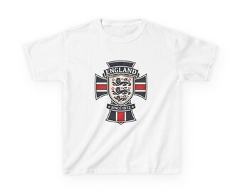 England Crest Kids Tee | Retro Three Lions Shield, Red Black Accent