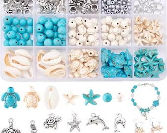 Ocean Summer Friendship Bracelet Making Kit | Beach Beads Set | DIY Jewellery Craft Kit | Turtle Shell Starfish Charms | Gift