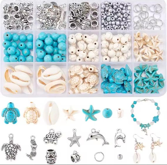 Ocean Summer Friendship Bracelet Making Kit | Beach Beads Set | DIY Jewellery Craft Kit | Turtle Shell Starfish Charms | Gift