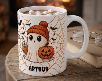 Personalized Cute Ghost Mug | Halloween Pumpkin, Spider Web, Bats, Name Customizable