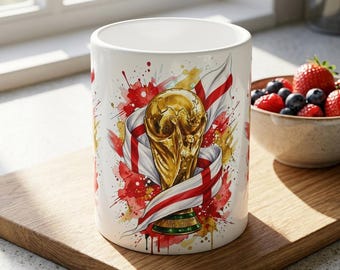 World Cup Trophy Mug | Red White Ribbon Football Soccer Art