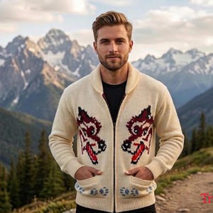 ウルフカーディガン：メアリー・マキシムにインスパイアされたカナディアンスタイルのセーター、手編みウール製メンズジップセーター