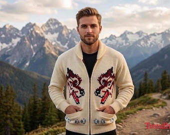 Wolf Cardigan: Inspired Mary Maxim Canadian Style Sweater hand knit wool men's zip sweater