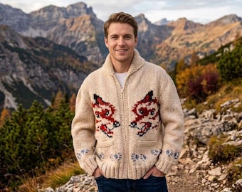Wolf Cardigan: Inspired Mary Maxim Canadian Style Sweater hand knit wool men's zip sweater