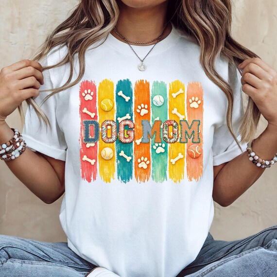 Trendy Dog Mom PNG, Patchwork Letters with Colorful Vertical Stripes with Paw Prints & Bones.