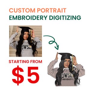 Pode incluir: Imagem que promove a digitalização de bordados de retratos personalizados. A imagem mostra uma mulher com chapéu e toga de formatura, com uma versão bordada digitalizada da mesma imagem. O texto inclui "CUSTOM PORTRAIT EMBROIDERY DIGITIZING".