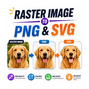 Puede incluir: Imagen que muestra la conversión de una imagen ráster a formatos PNG y SVG. La imagen presenta un perro golden retriever. El texto incluye "RASTER IMAGE TO PNG & SVG" y descripciones de los formatos de salida.