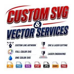 Puede incluir: Gráfico con las palabras "CUSTOM SVG & VECTOR SERVICES" en rojo y azul. Debajo, iconos y texto para servicios como ilustraciones personalizadas, corte CNC y láser, SVG a todo color, grabado láser y SVG a un color. Tipos de archivos: AI, PSD, SVG, PDF, JPG, DXF y PNG.