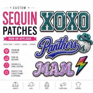 Custom Sequin Patch, Personalized Name Patch for Jackets Bags & Apparel, Glitter Letter Applique, Cheer Team Sports Patches, Iron or Sew On