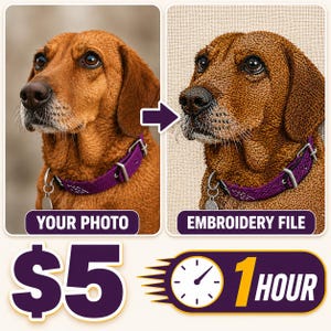 Custom Pet Embroidery Digitizing, Dog Cat Portrait from Photo, Photo Stitch Machine Embroidery File DST PES JEF, Pet Memorial, 1 Hr Service