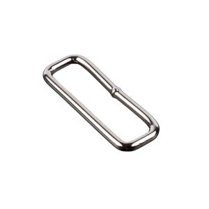 May include: A rectangular metal slider buckle with a polished silver finish. The frame features rounded corners and a central bar that divides the interior space into two equal sections, providing a smooth surface for strap adjustment.