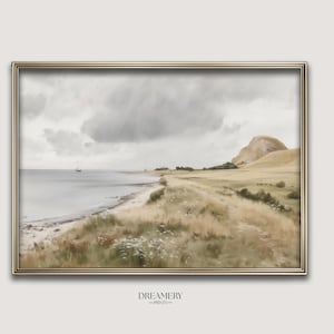 Küstenlandschaft Ölgemälde Horizontal, Serene Ozeanszene, Grasbewachsener Uferblick auf den Hügel, Bedeckter Himmel Natur Wandkunst