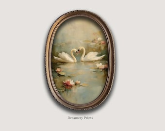 Romantic Swan Wall Art, Two Swans Heart Shape Painting, Couple Love Decor, Anniversary Gift Printable, Vintage Aesthetic Download