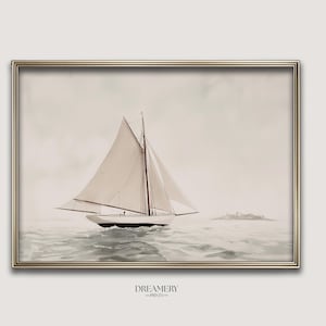 Aquarell Segelboot Seelandschaft Malerei, Minimal Ozean Landschaft, Bewölkter Himmel Boot Kunst, Küsten Wand Dekor Horizontale Druck