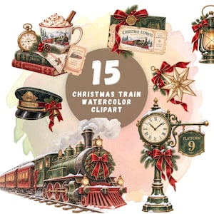 May include: A collection of 15 Christmas train watercolor clipart elements featuring a steam locomotive, a conductor hat, a station clock with a Platform 9 sign, a mug of cocoa, books, a ticket, a star, and a lantern, all with red bows.