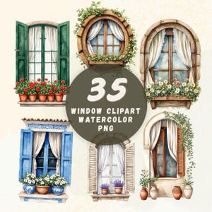 May include: A collection of six watercolour illustrations of windows with various architectural styles, wooden frames, white curtains, and flower boxes filled with colourful blooms and greenery. The central text reads 35 WINDOW CLIPART WATERCOLOUR PNG.