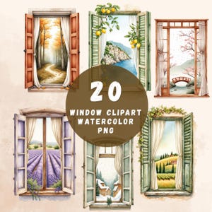 May include: A collection of six watercolour window illustrations featuring various outdoor scenes including a forest, a coastal town with lemons, a Japanese bridge, a lavender field, a snowy village, and a vineyard, with the text 20 WINDOW CLIPART WATERCOLOUR PNG.
