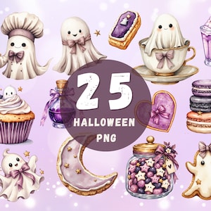 Op de afbeelding: Een verzameling van 25 digitale illustraties met Halloween-thema, waaronder spoken, cupcakes, macarons, een halvemaanvormig koekje, een glazen pot met stervormige snoepjes, een toverdrankflesje en een theekopje met paarse strikken.